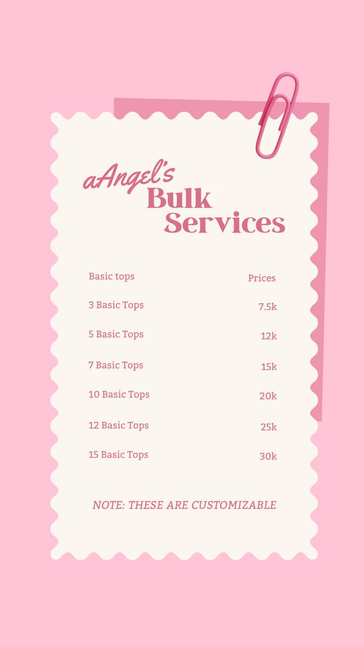 Angel's Bulk Services price list for basic tops